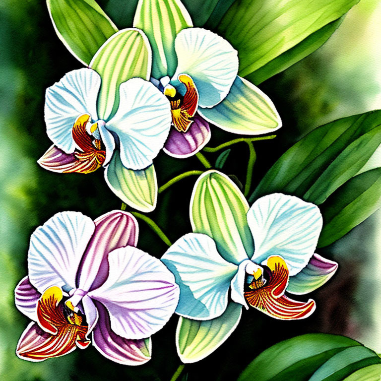 Detailed Orchids Illustration with White and Purple Petals on Green Background