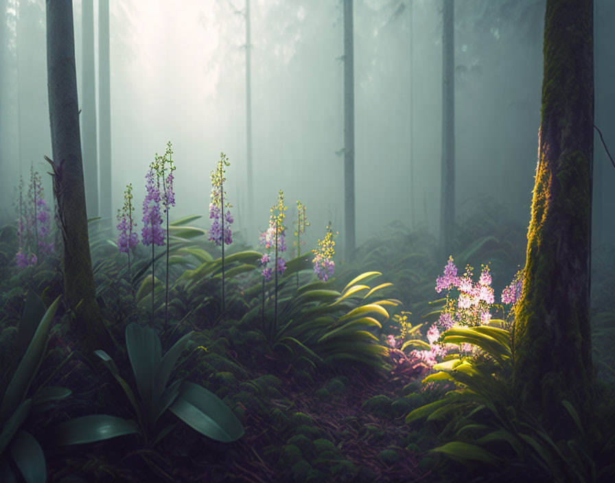 Misty forest with sunlight, purple flowers, and lush green foliage