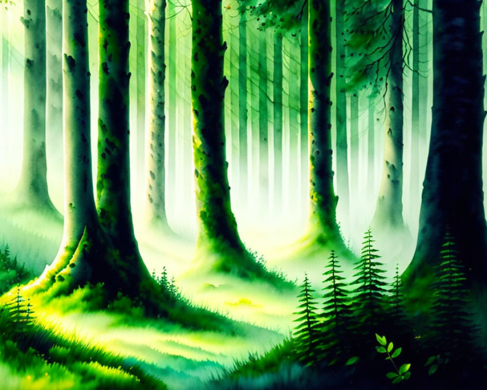 Mystical forest watercolor painting with sunlight filtering through tall trees