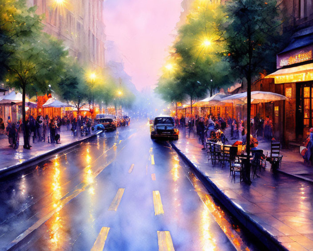 Vibrant Watercolor Painting of City Street at Dusk
