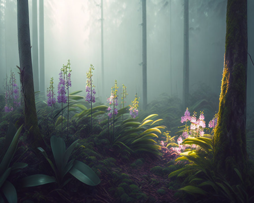 Misty forest with sunlight, purple flowers, and lush green foliage