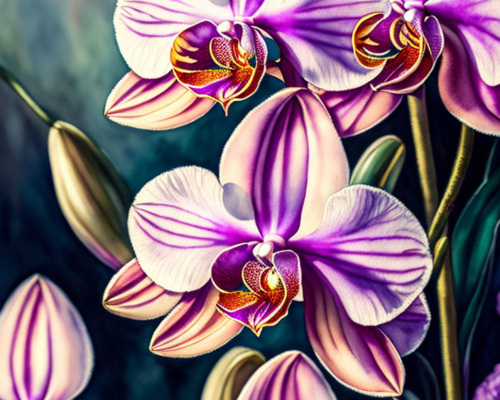 Detailed Purple and White Orchid Flowers on Green Background