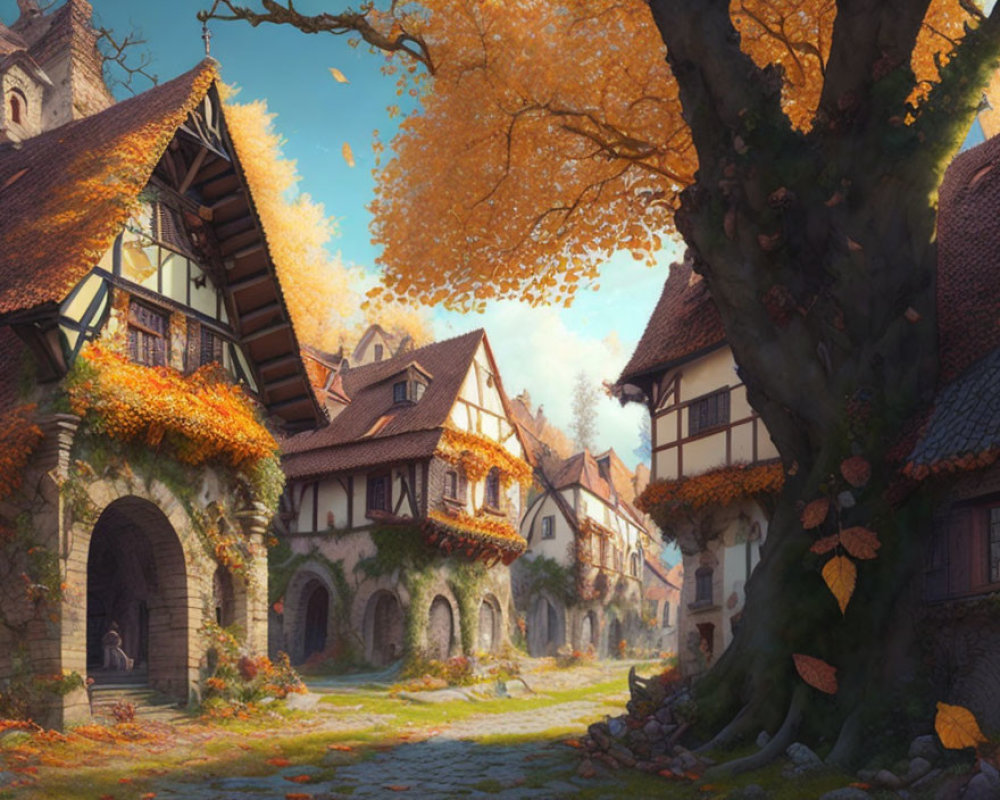 Picturesque Old Village Street with Tudor-Style Houses and Autumnal Tree