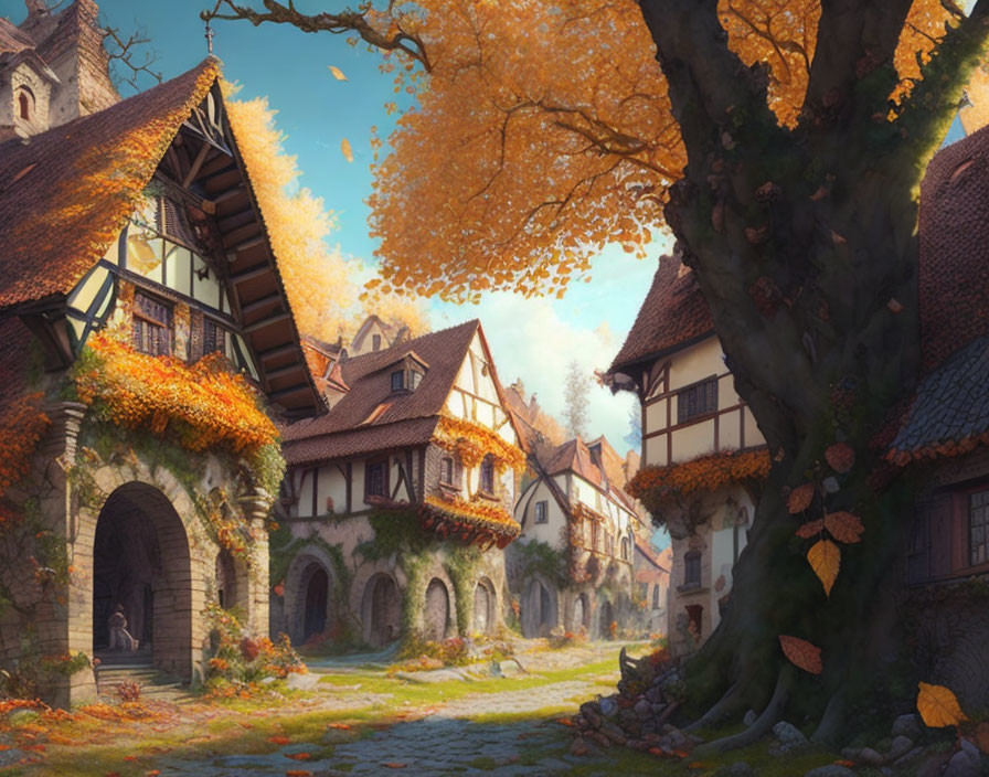 Picturesque Old Village Street with Tudor-Style Houses and Autumnal Tree