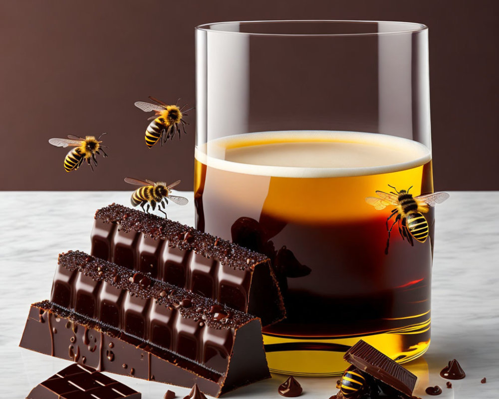 Sweet honey glass with buzzing bees, dark chocolate bar and drops.