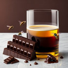 Sweet honey glass with buzzing bees, dark chocolate bar and drops.