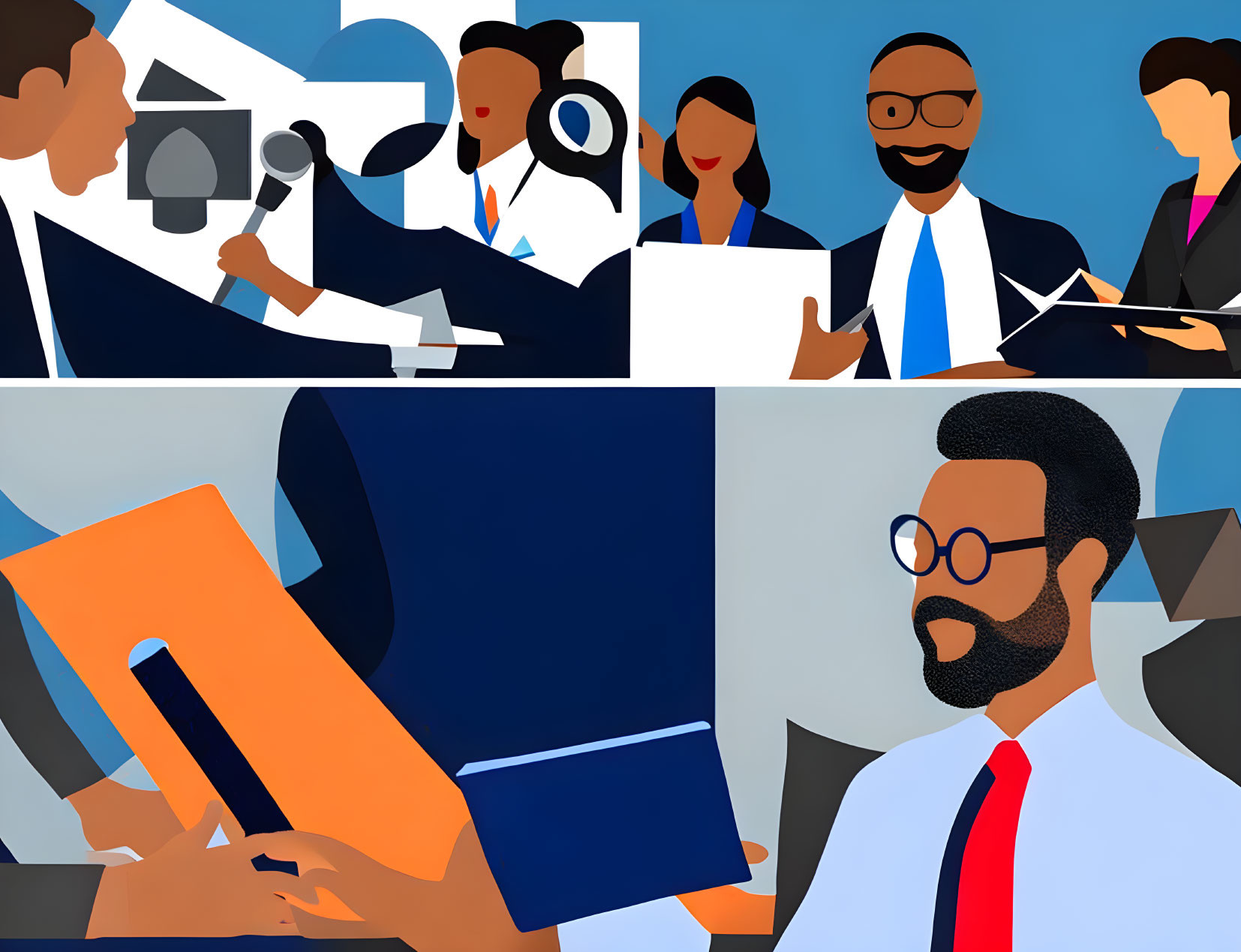 Professional Scenarios Illustration Featuring Broadcasting, Podcasting, Office Work, and Tablet Use