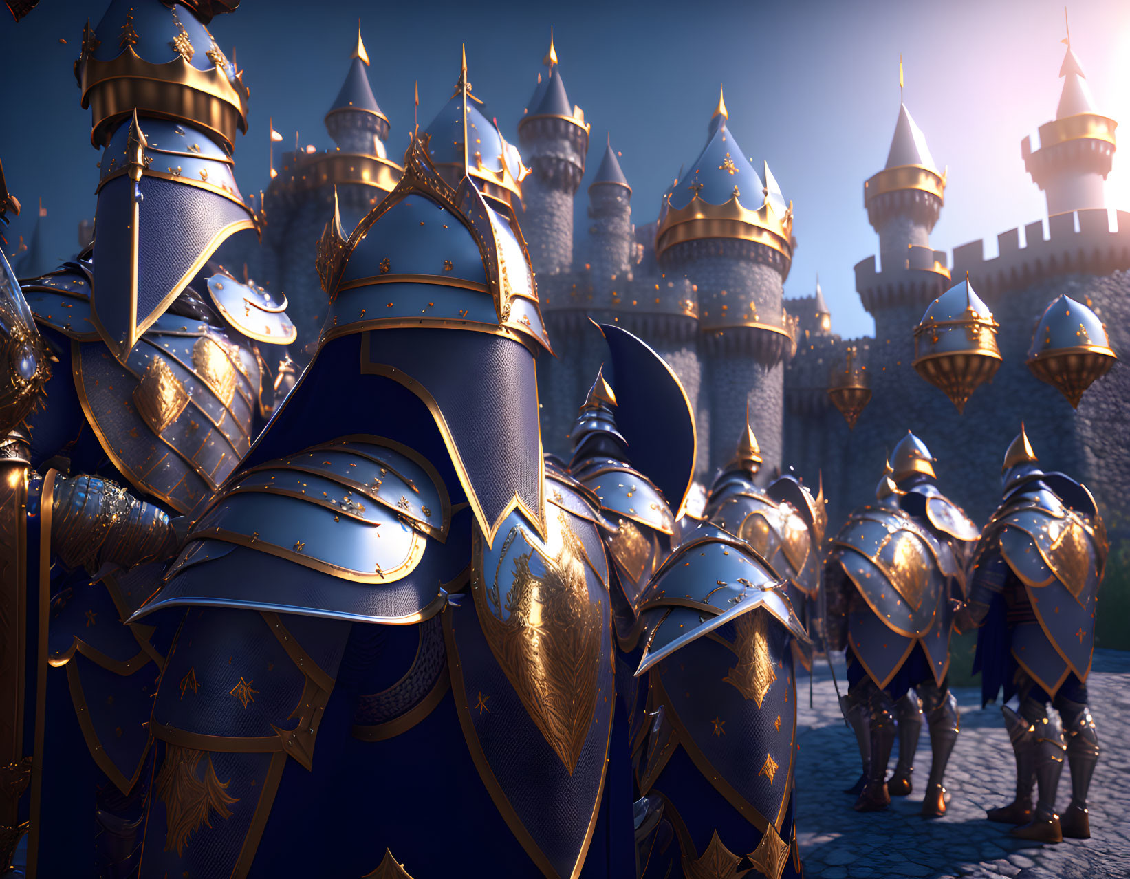 Knights in Blue and Gold Armor Before Castle with Spires