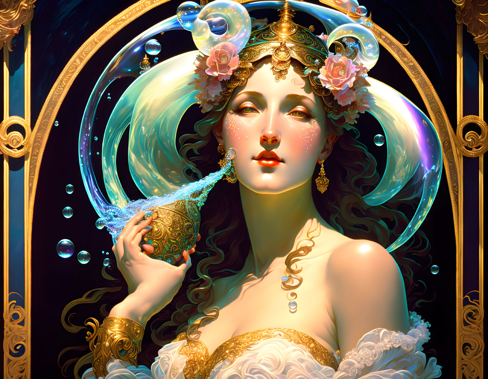 Ethereal woman with ornate headdress and glowing orb surrounded by bubbles
