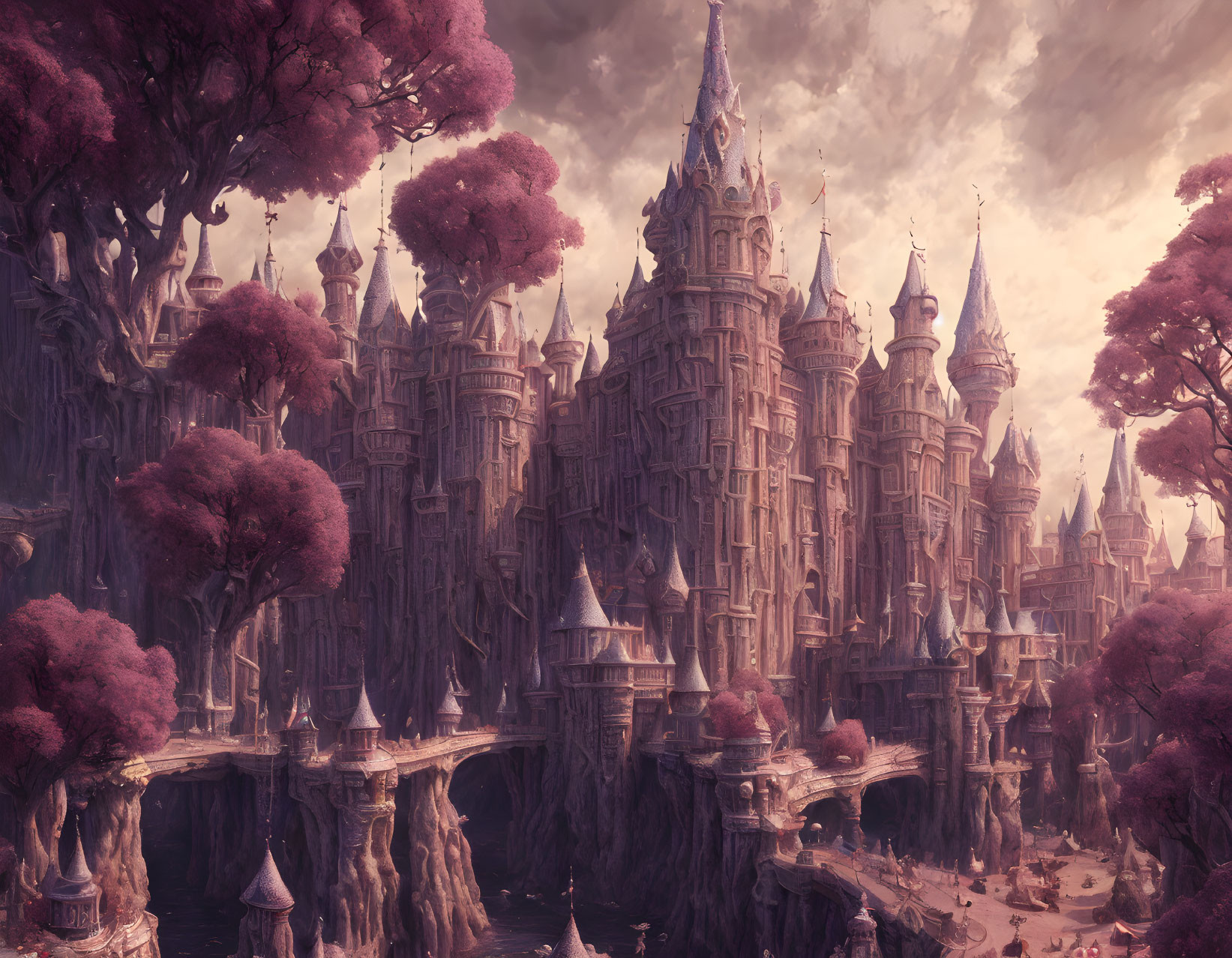 Ethereal fantasy castle in lush pink forest under pink-tinted sky