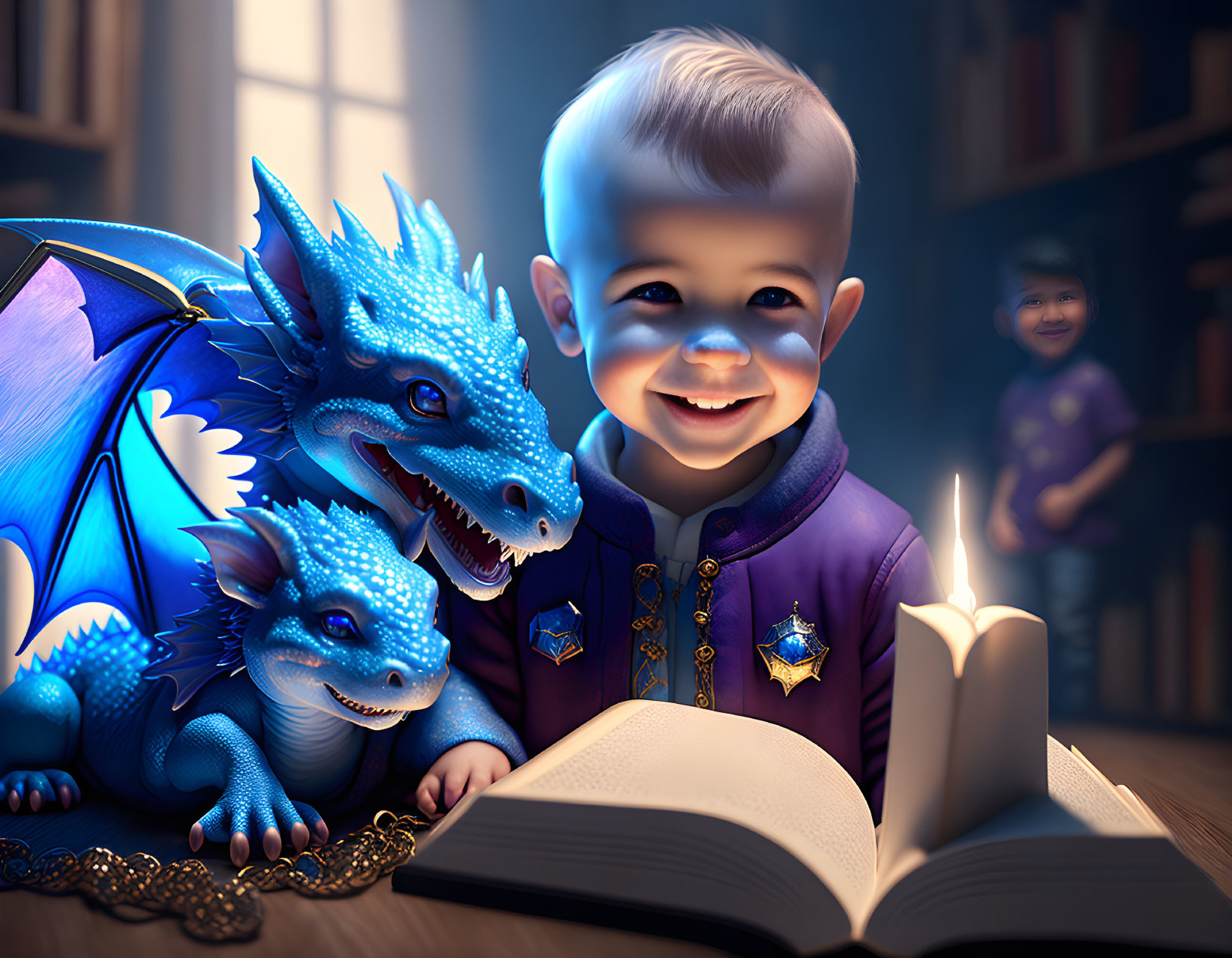 Child in wizard costume reading magical book with dragons and candlelight
