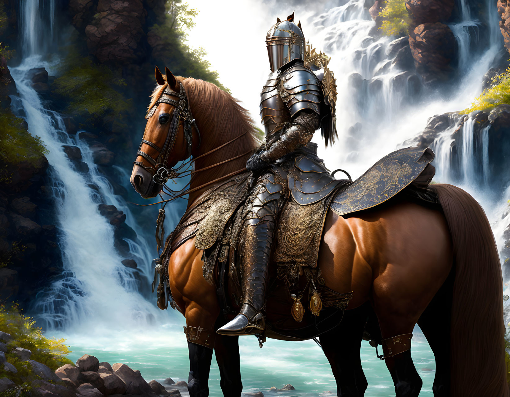 Knight in ornate armor on brown horse at majestic waterfall surrounded by lush greenery
