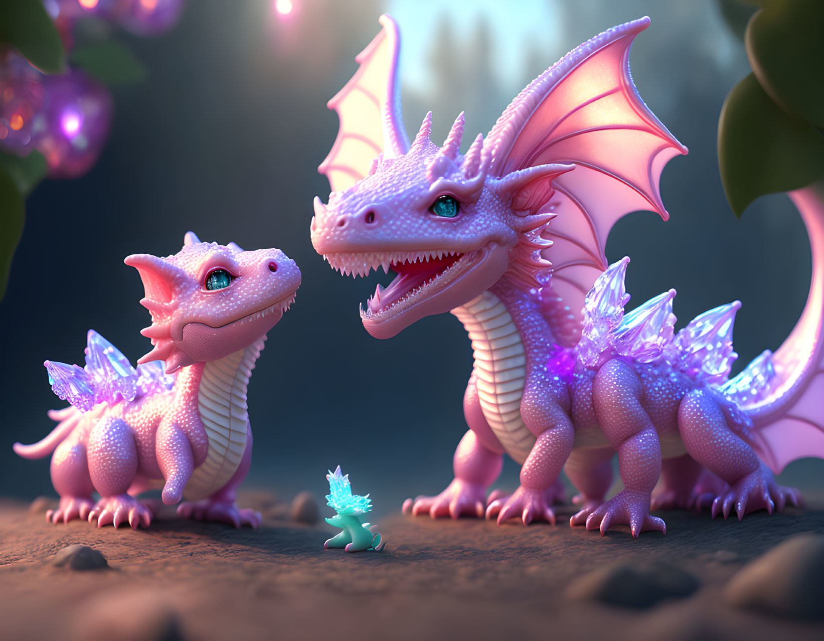 Three stylized dragons with iridescent scales and pink wings in mystical forest scene