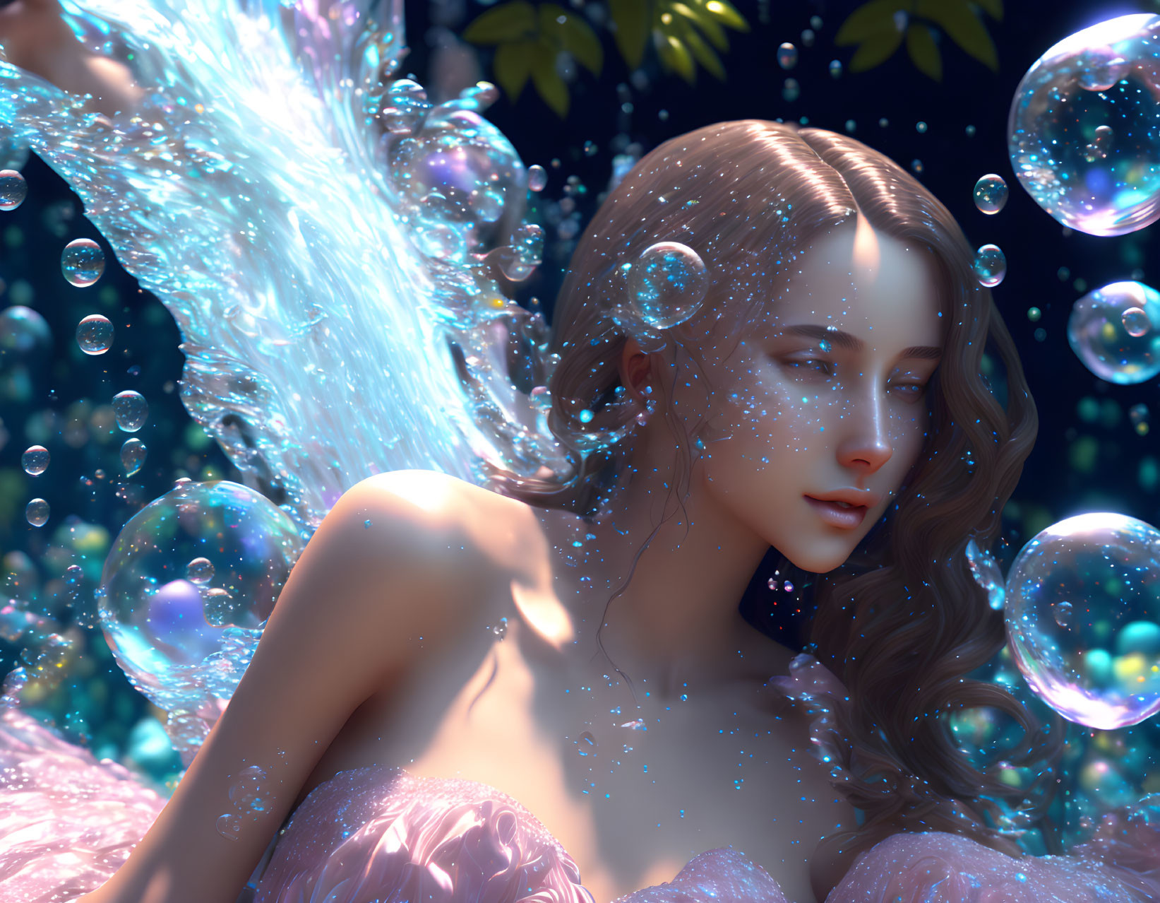 Fantasy woman digital artwork with radiant skin in water splash setting