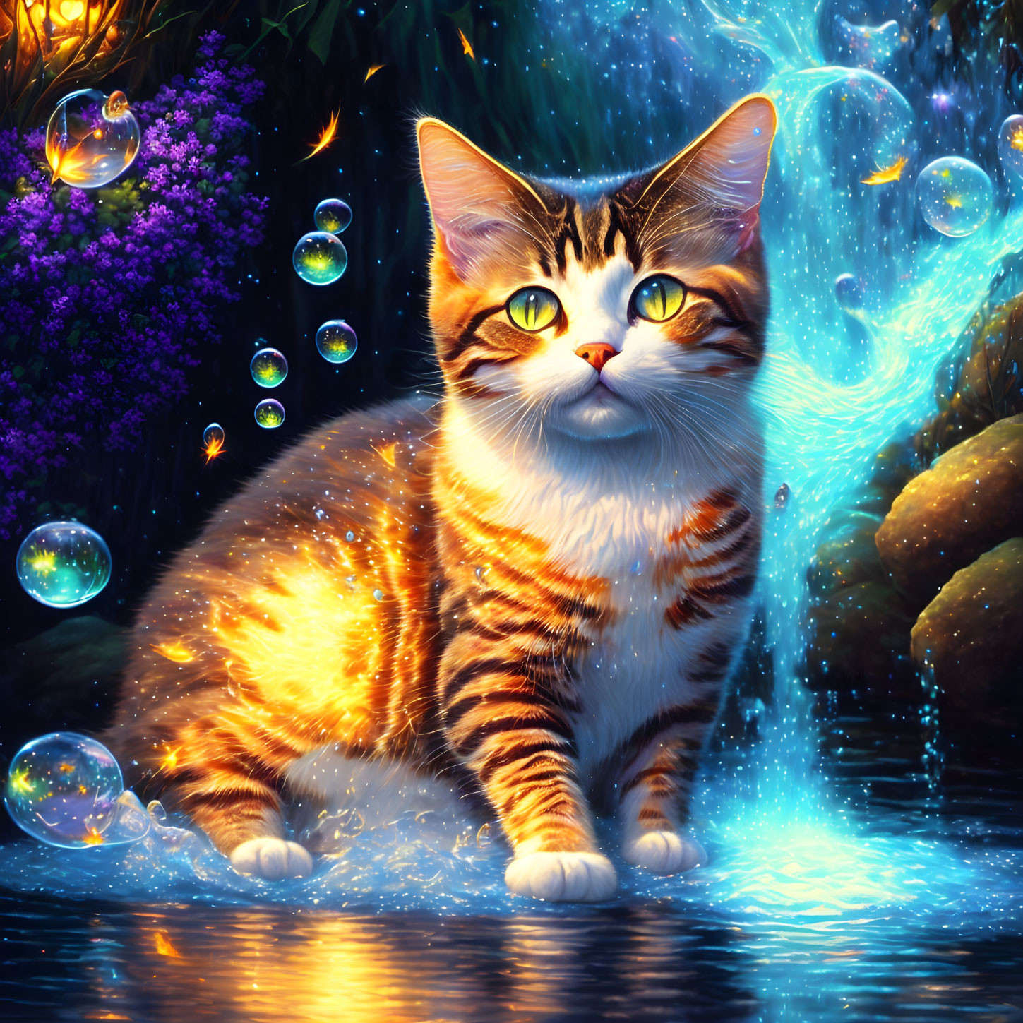 Vibrant digital art: Orange tabby cat in magical glowing setting