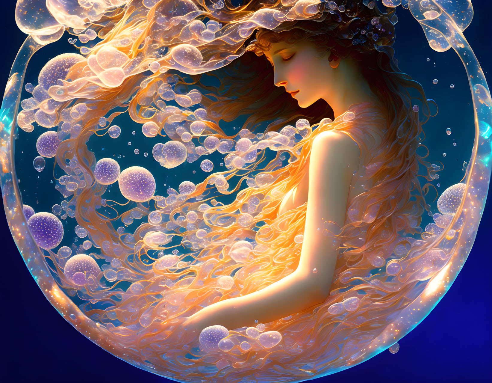 Illustration of woman with flowing hair surrounded by jellyfish in luminescent bubble