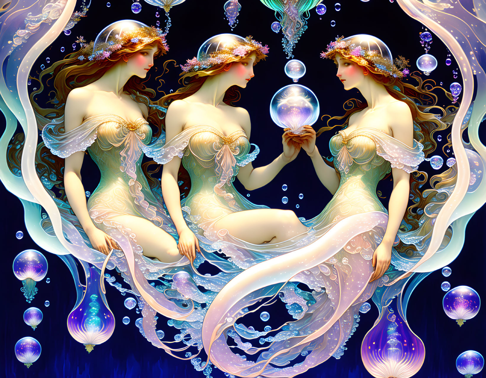 Ethereal women in aquatic attire with glowing orb and bubbles on dark blue background