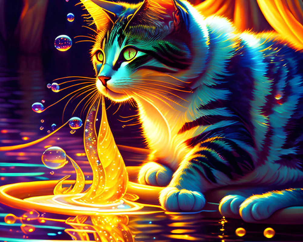 Colorful Cat Illustration with Water, Vibrant Reflections, Bubbles, and Whimsical