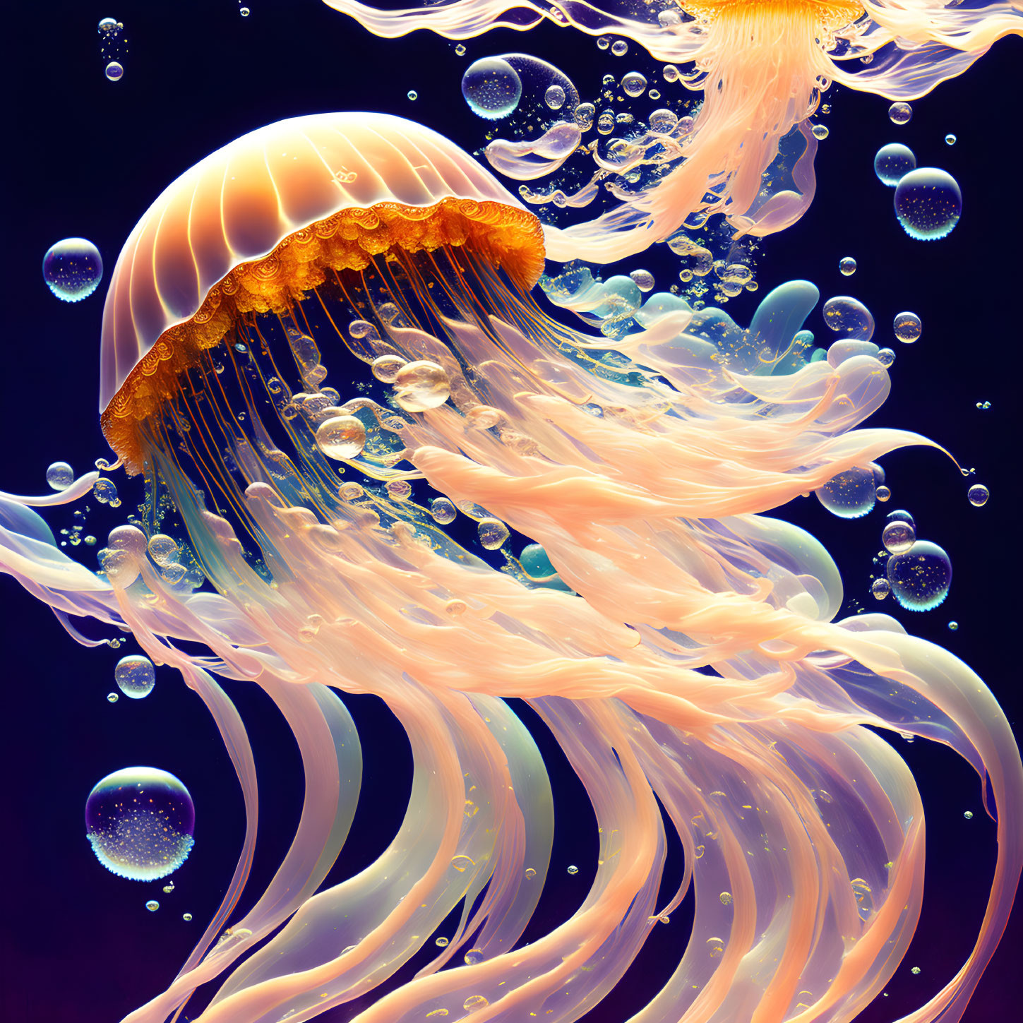 Colorful Orange Jellyfish with Intricate Tentacles in Purple Background