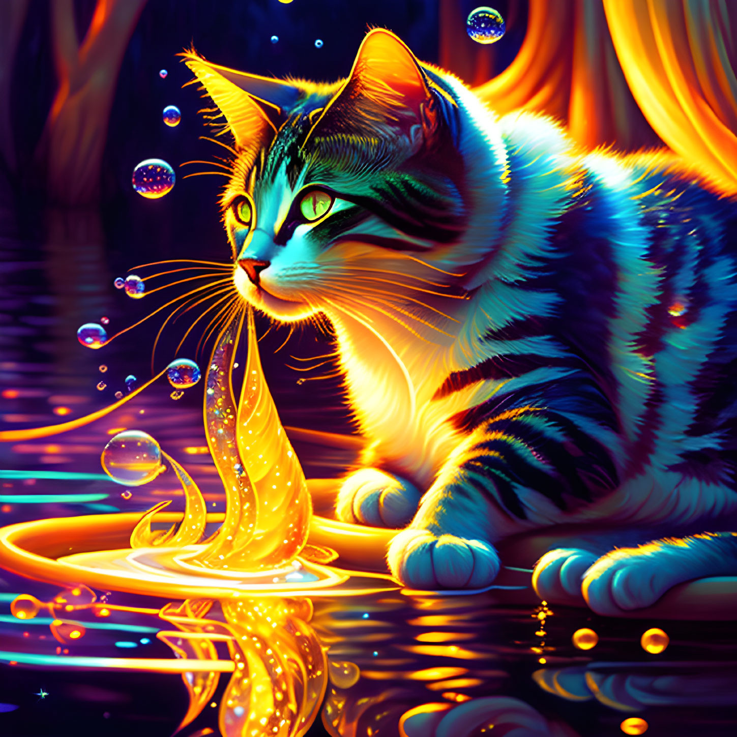 Colorful Cat Illustration with Water, Vibrant Reflections, Bubbles, and Whimsical