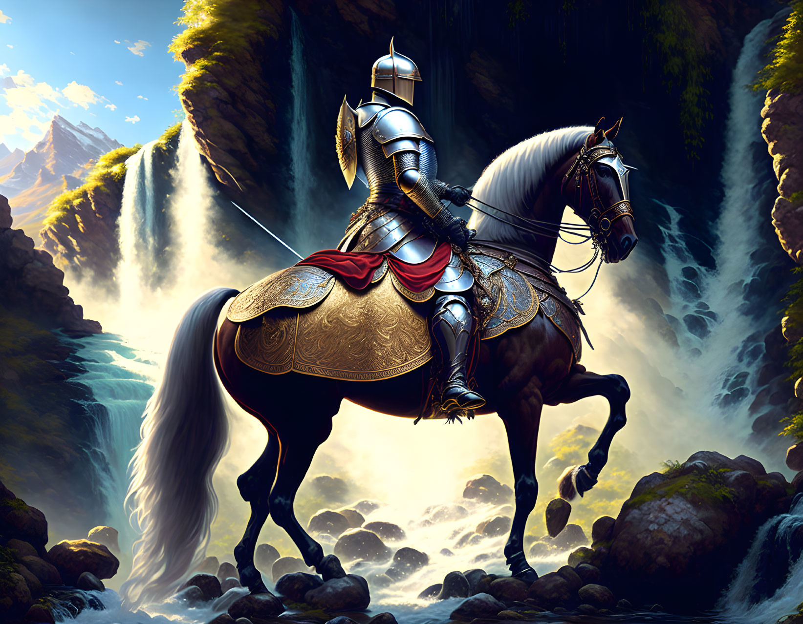 Knight in full armor on white horse near waterfall in lush scenery