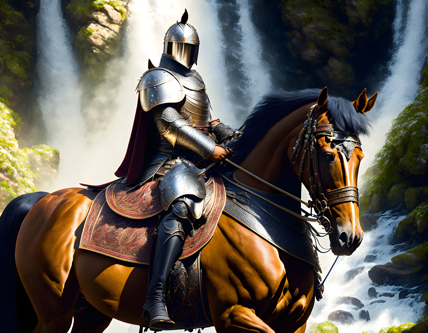 Knight on Brown Horse Near Waterfall in Rocky Terrain
