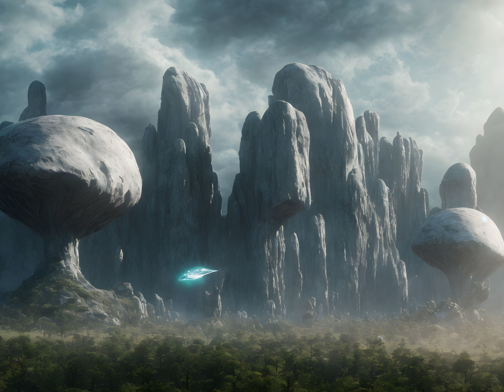 Futuristic spaceship in misty forest with rock formations