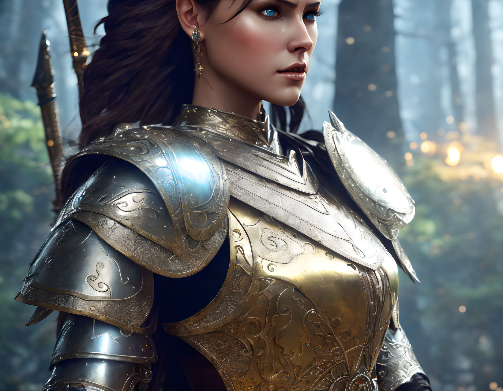 Female warrior in ornate silver and gold armor against forest backdrop