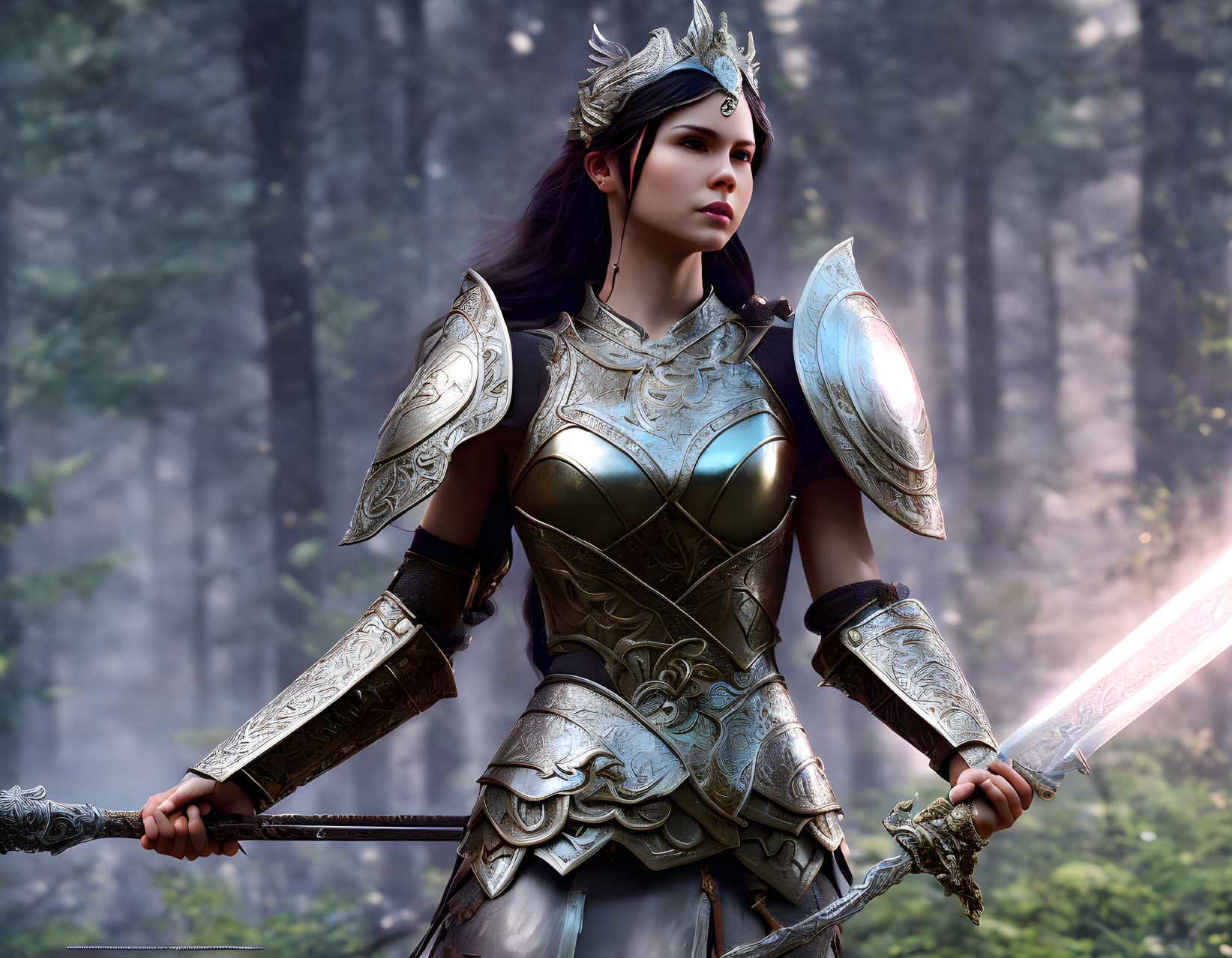 Female warrior in ornate armor with sword and shield in forest setting.