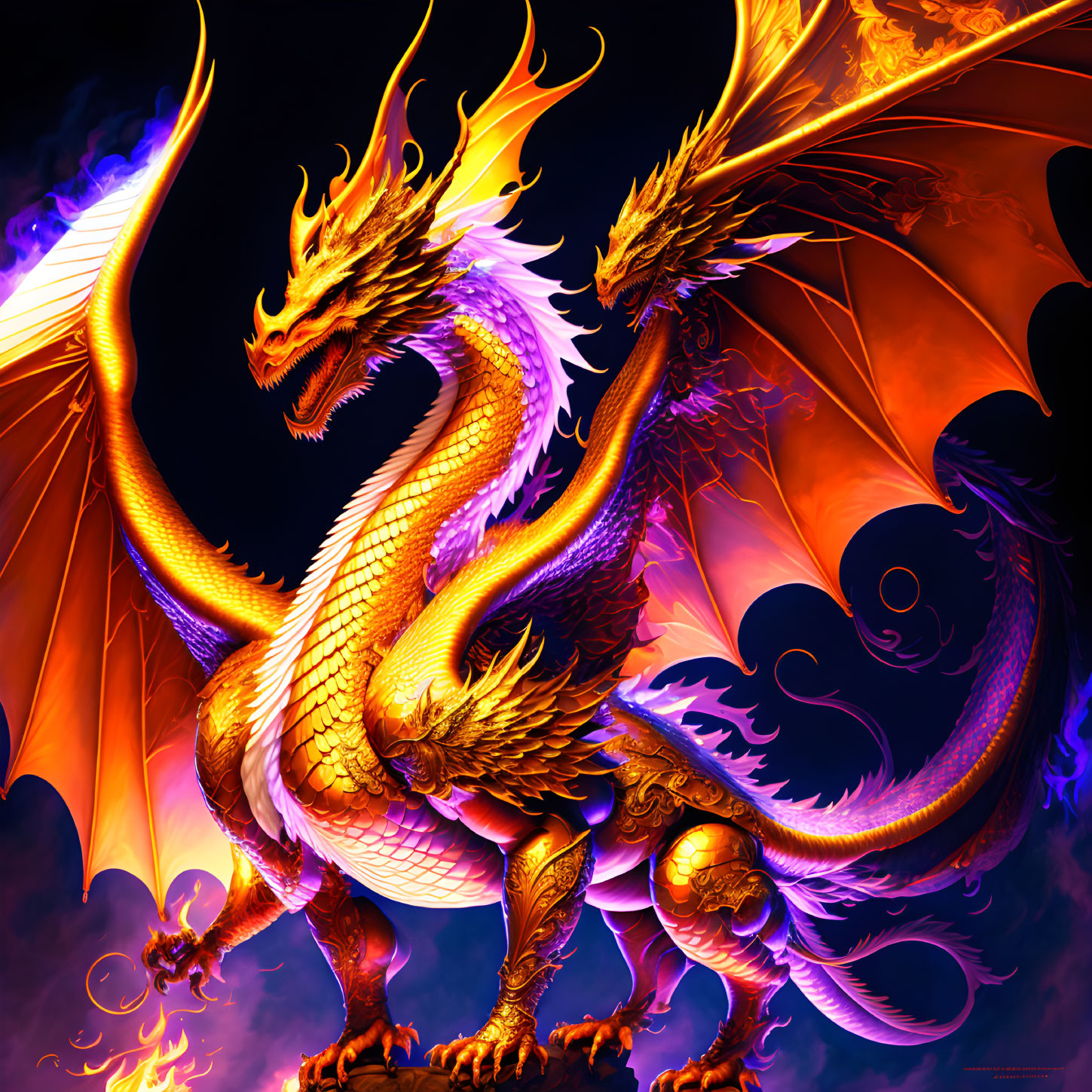 Majestic two-headed golden dragon with fiery breath in orange and purple setting