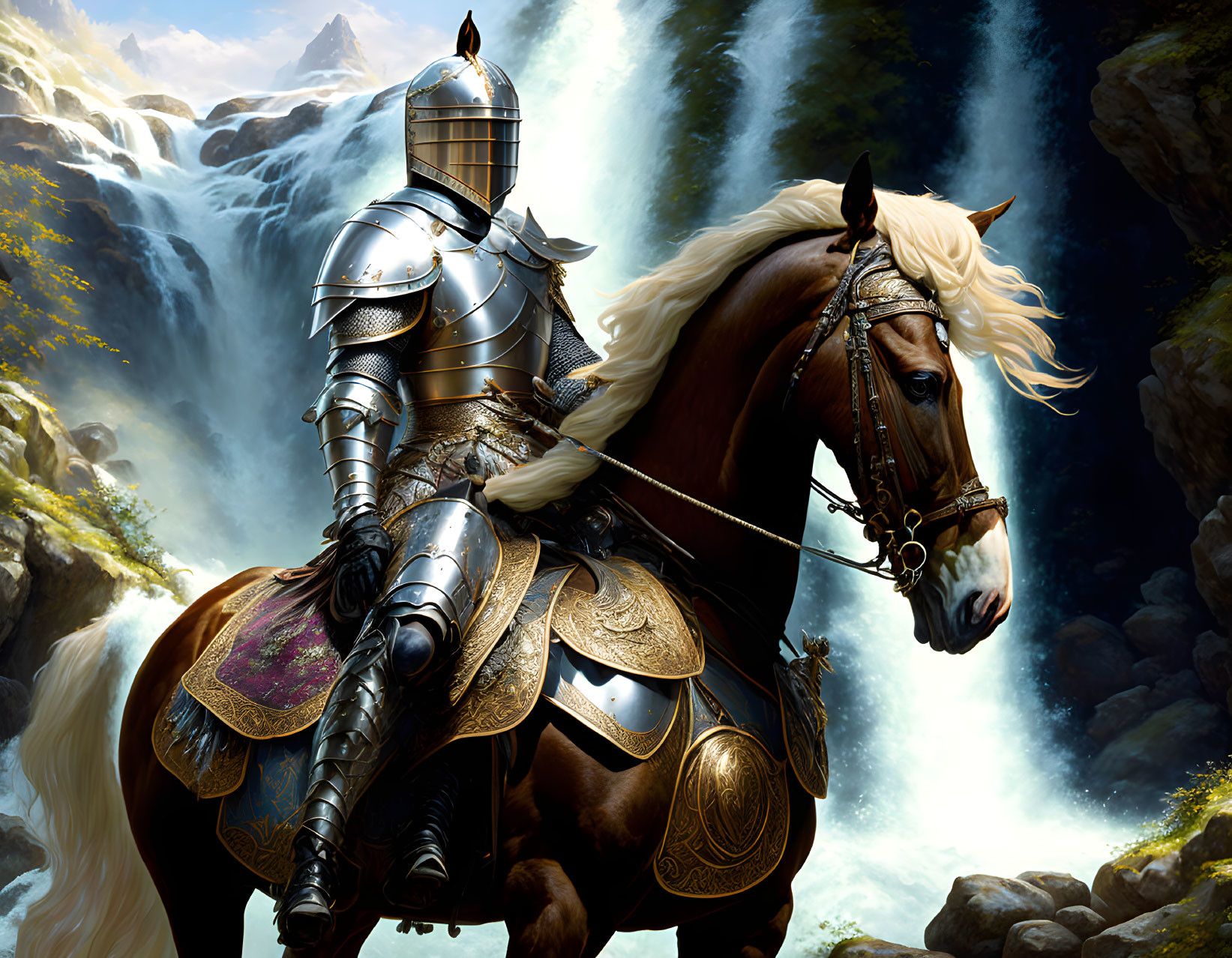 Knight on Brown Horse with White Mane in Front of Waterfall