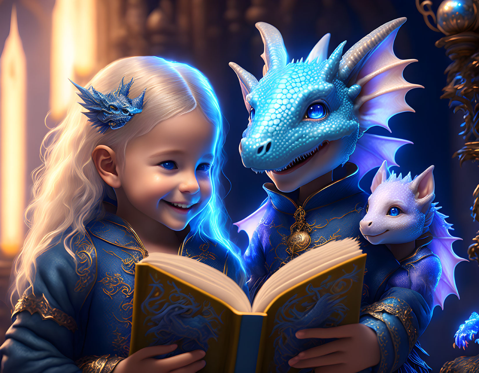 Young girl with her pet dragons