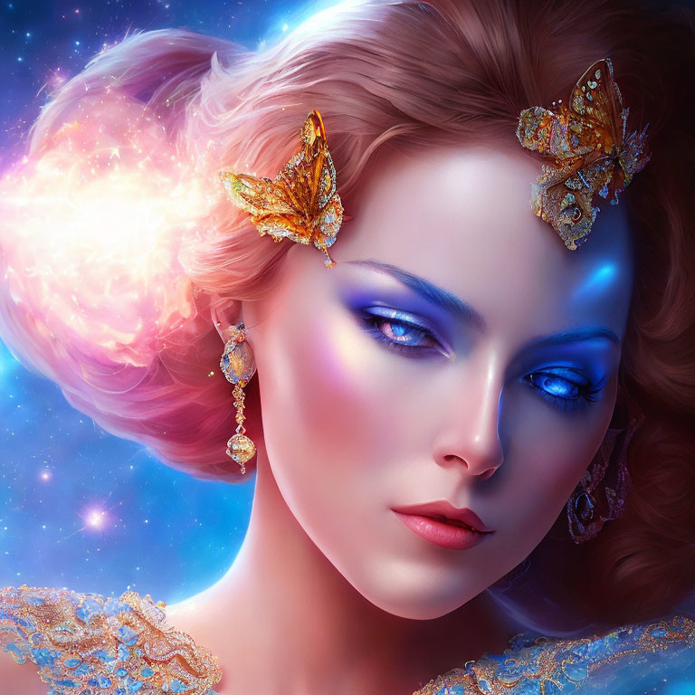 Celestial-themed digital portrait of a woman with butterfly hair accessories