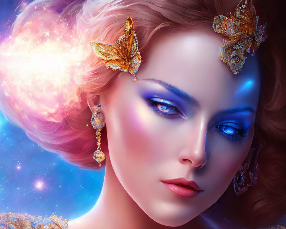Celestial-themed digital portrait of a woman with butterfly hair accessories