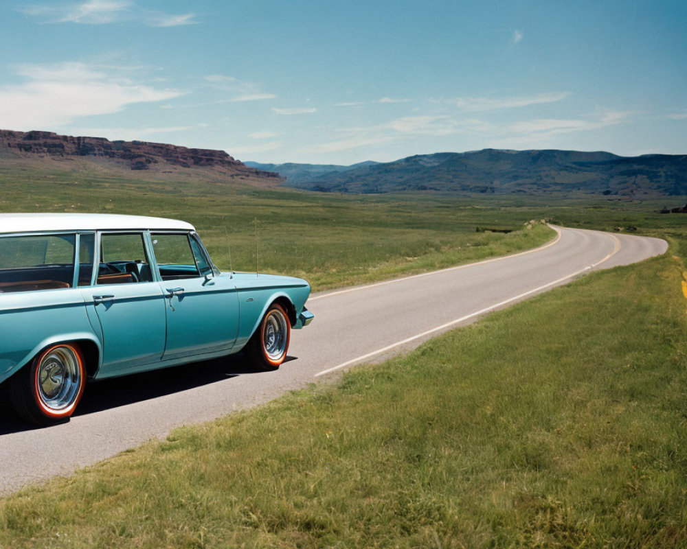 Vintage Turquoise Station Wagon Parked in Grass Countryside