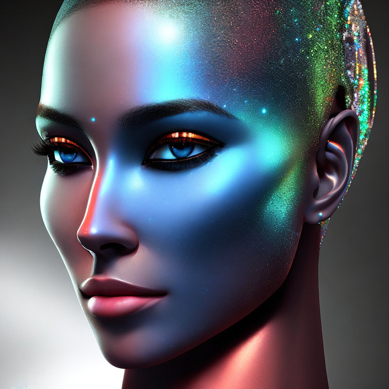 Detailed digital art portrait of female figure with glossy, multicolored skin texture