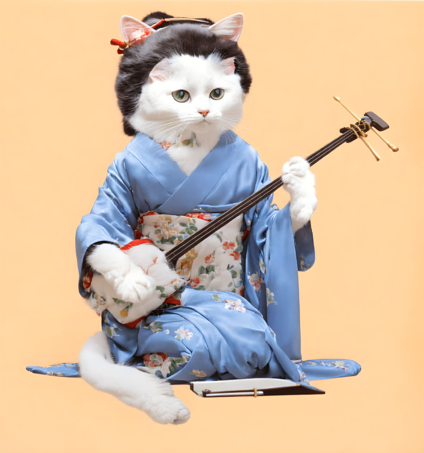 Cat in blue kimono playing shamisen on peach background