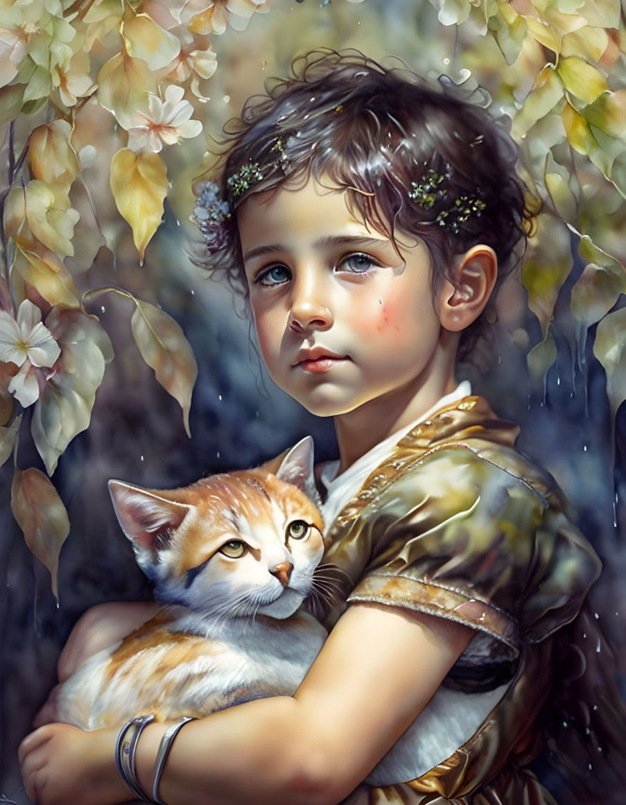 Child with Leaf Crown Holding Kitten Surrounded by Foliage