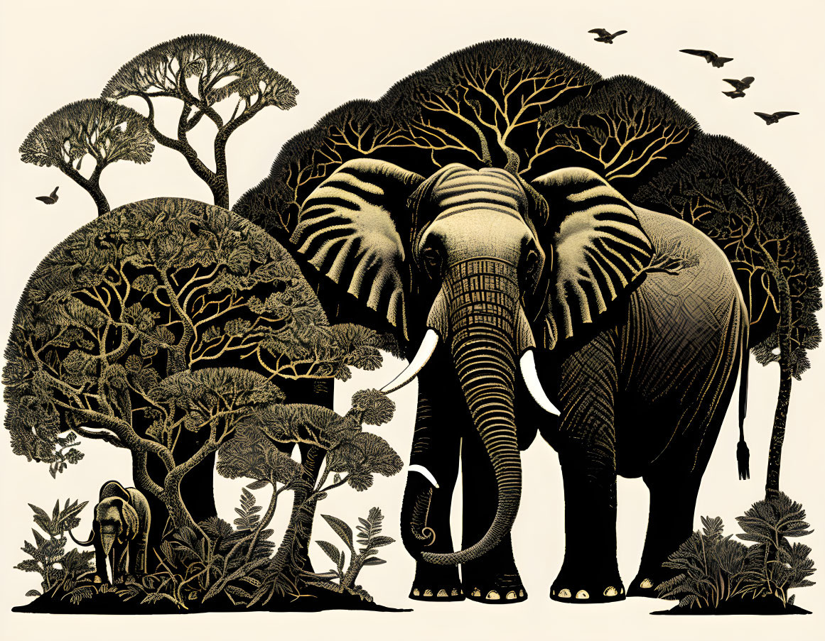Detailed Black and Gold Elephant Illustration with Tree and Birds