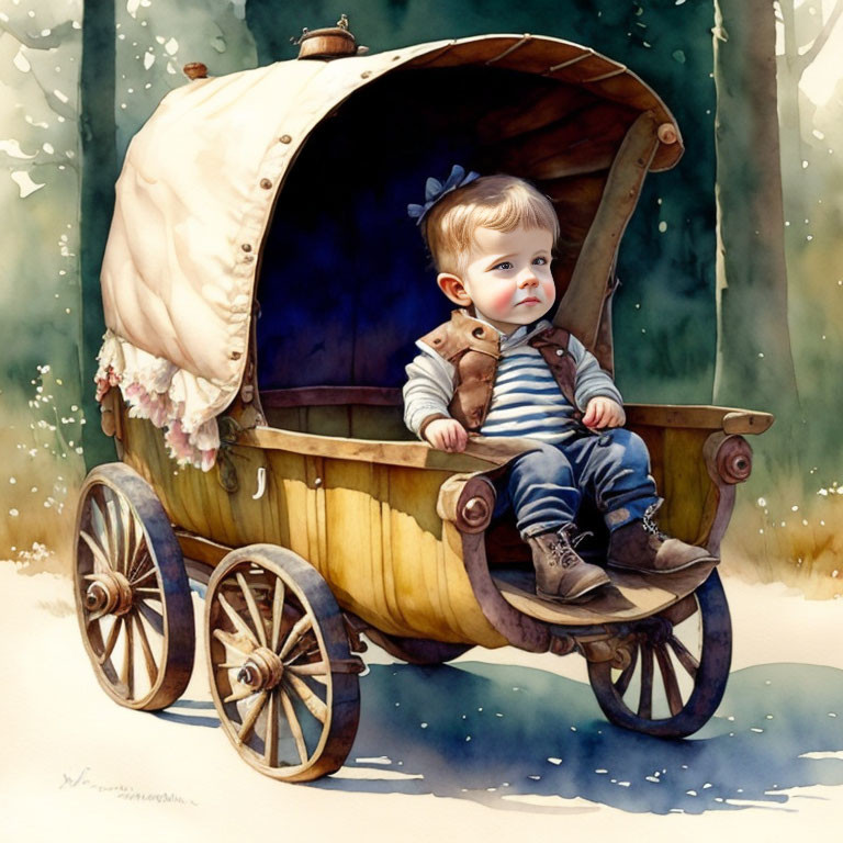 Child with Blue Eyes and Light Brown Hair in Vintage Wooden Wagon surrounded by Soft Foliage