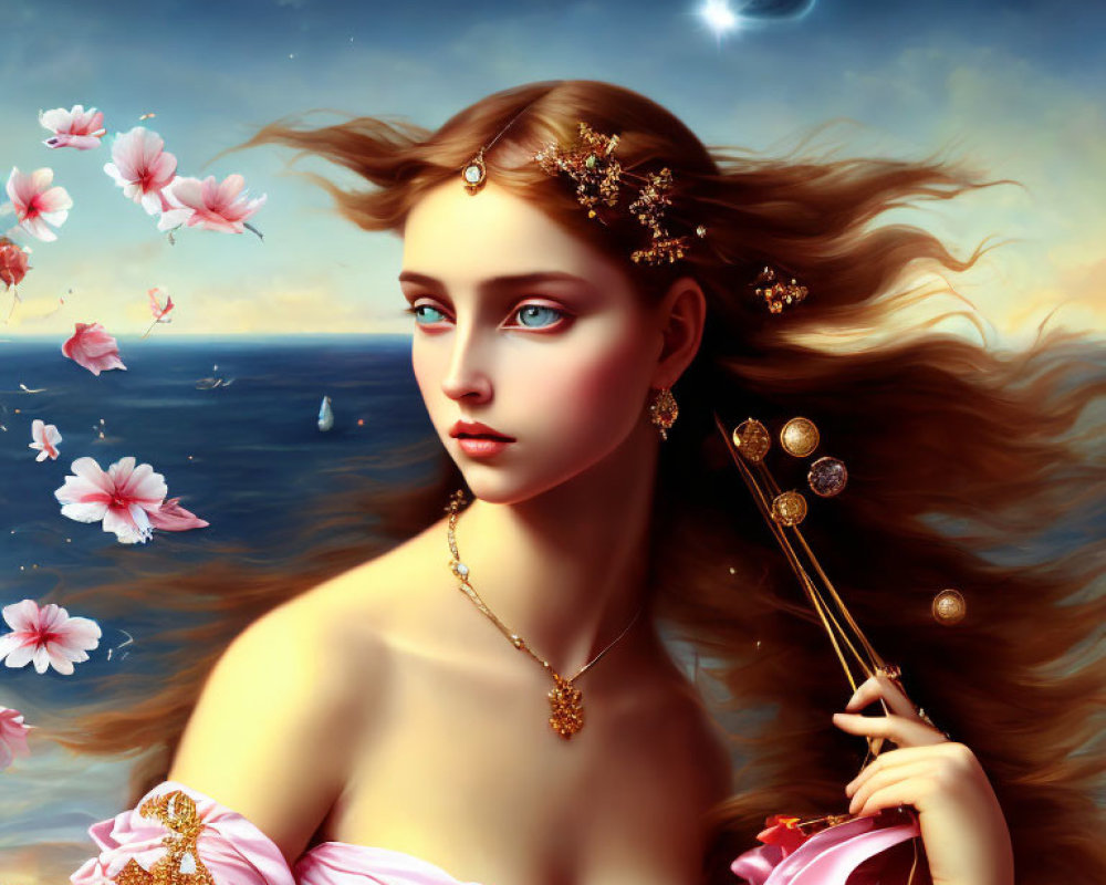 Fantasy art portrait of woman with flowing hair and gold jewelry, holding scepter, with pink flowers