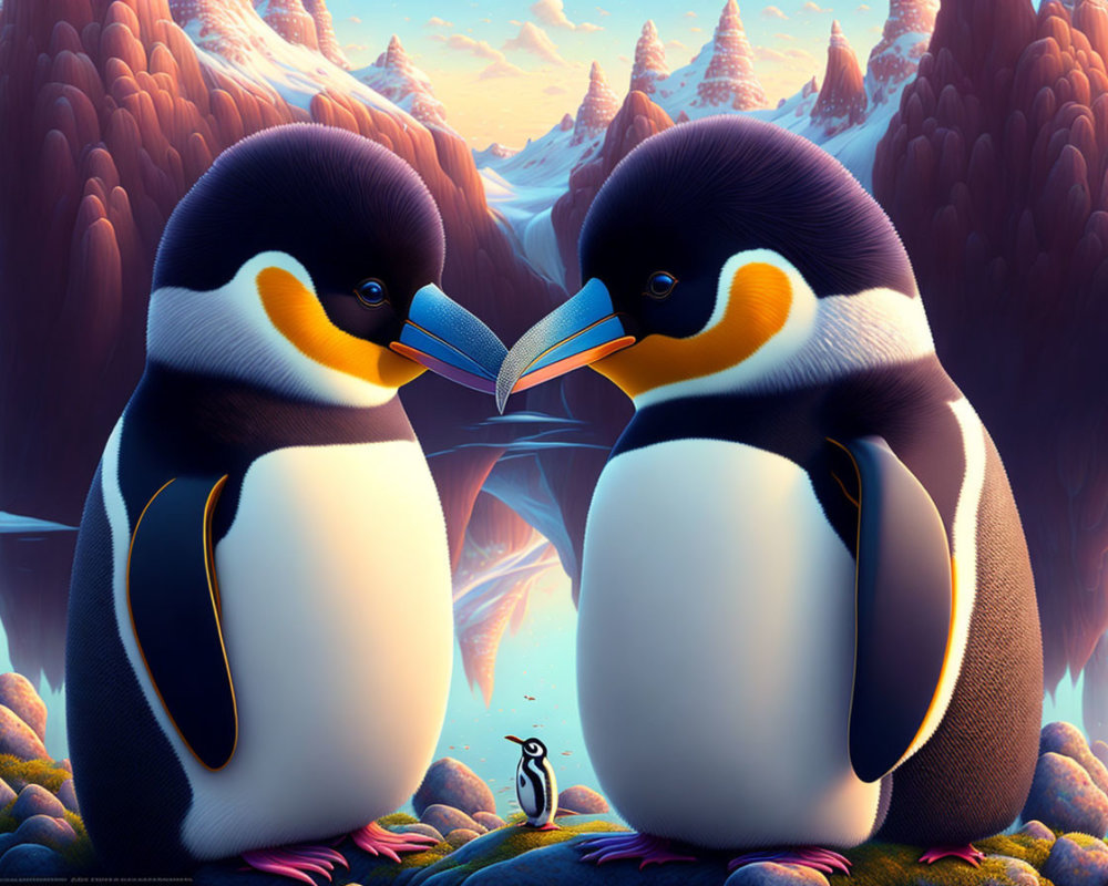 Large animated penguins touching beaks with tiny penguin, icy mountains & pink sky