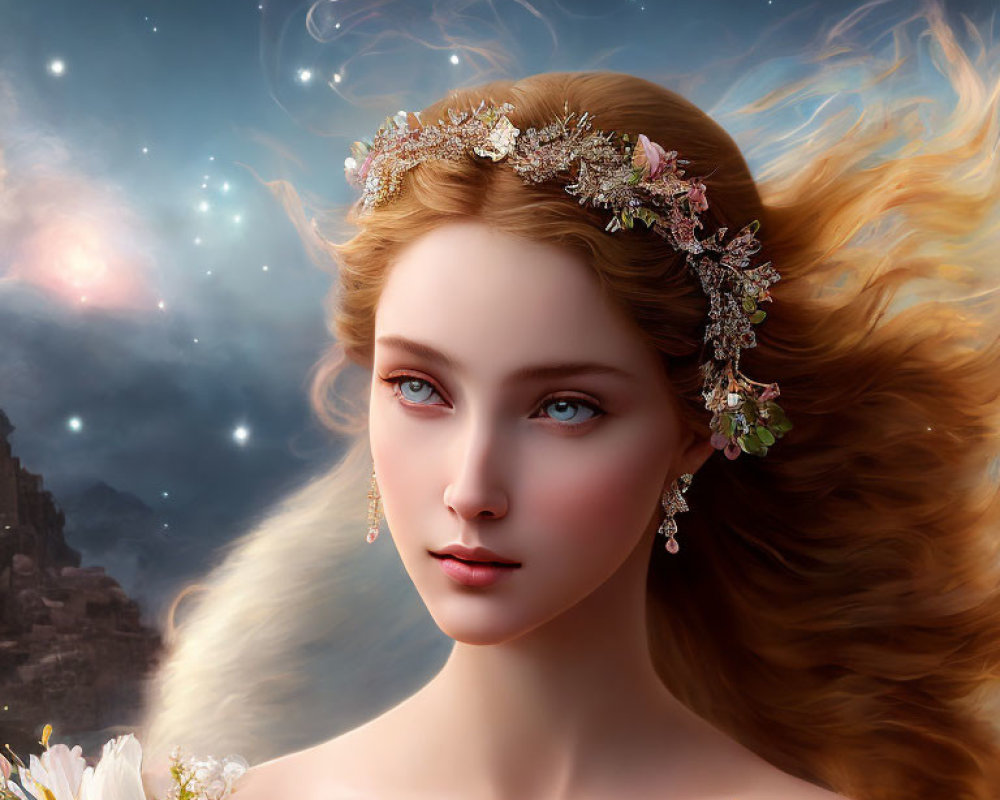 Digital artwork: Woman with golden hair, headpiece, bouquet against starry night sky and distant castle