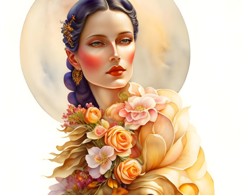 Illustrated portrait of woman in floral dress with halo-like background in warm tones