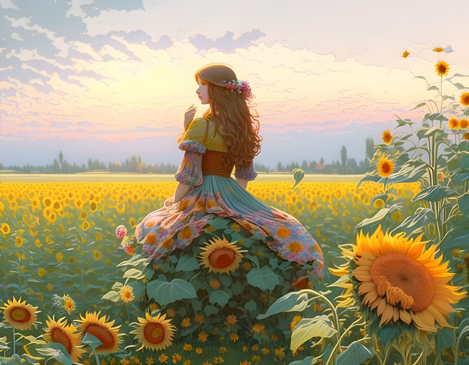 Woman in floral dress surrounded by sunflowers at sunset with flower crown