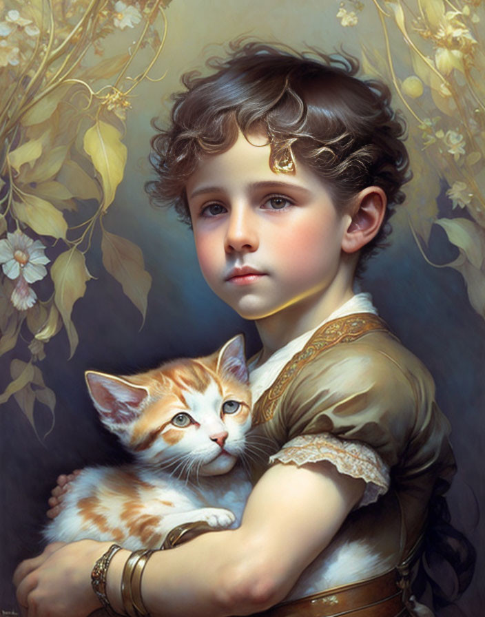 Child with Curly Hair Holding Kitten Surrounded by Flowers