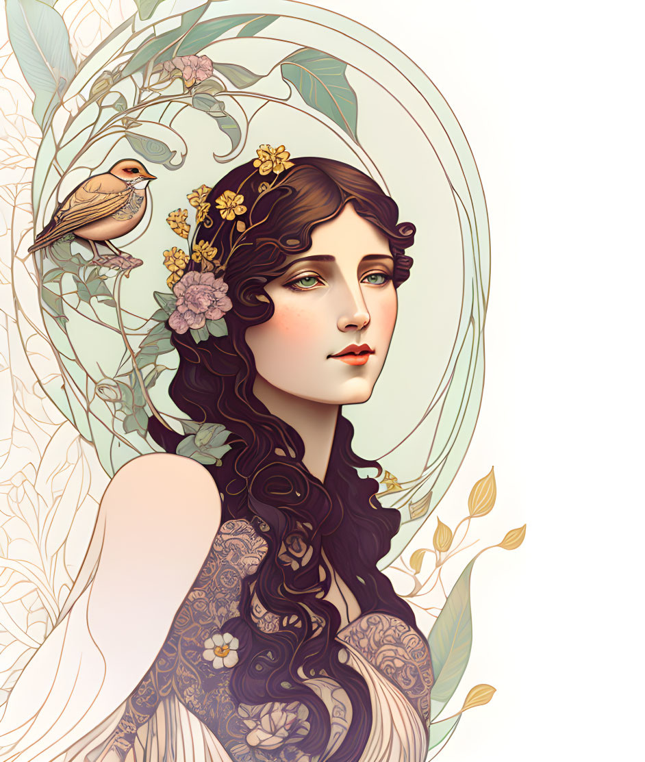 Art Nouveau Woman Illustration with Dark Hair and Floral Bird