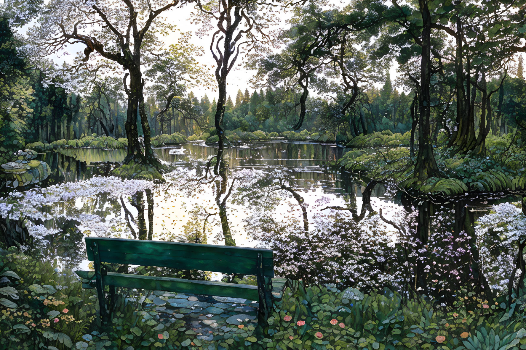 Tranquil forest pond with green bench surrounded by lush trees