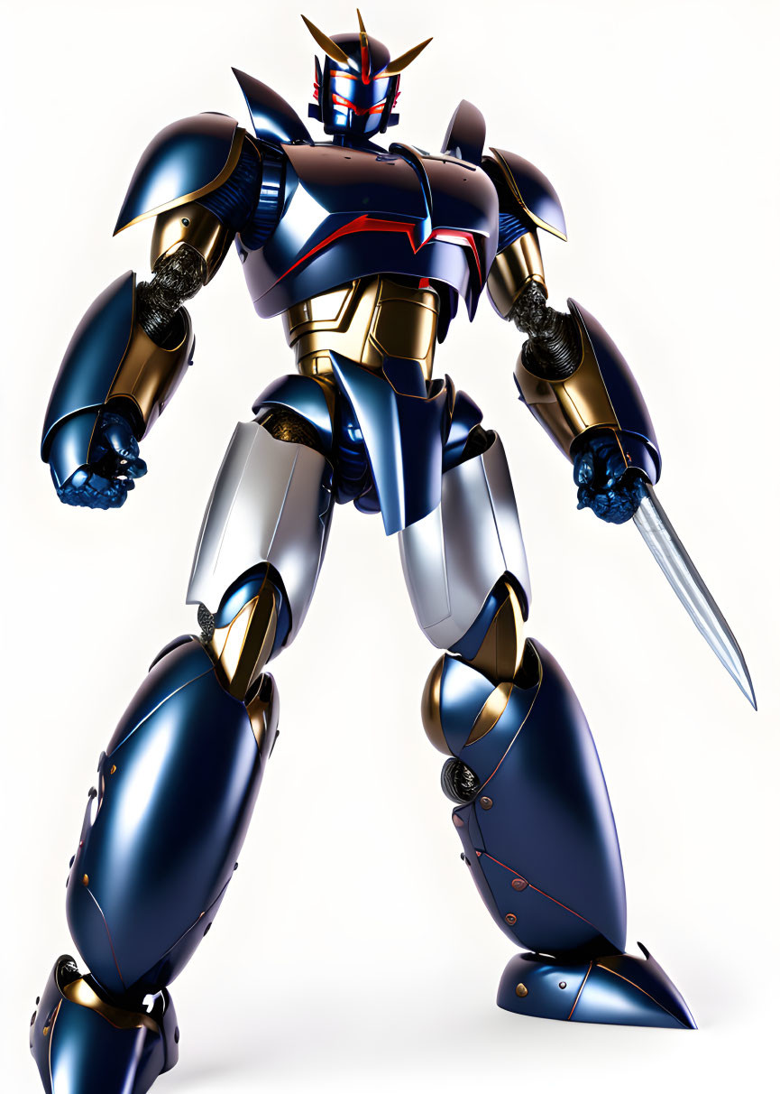 Shiny blue and silver humanoid robot with sword