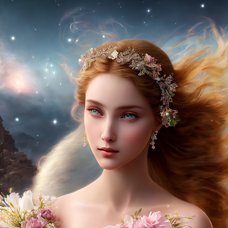 Digital artwork: Woman with golden hair, headpiece, bouquet against starry night sky and distant castle